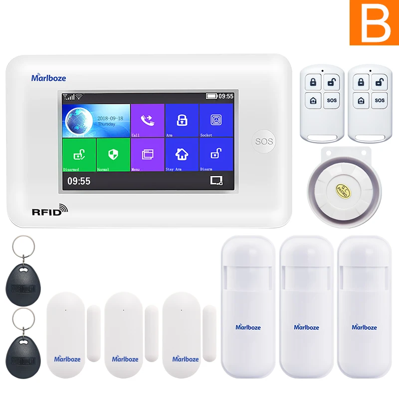 Marlboze беспроводная домашняя безопасность Wi-Fi GSM GPRS Сигнализация приложение дистанционное управление RFID карта Arm снятие с цветным экраном кнопка SOS - Цвет: Set B
