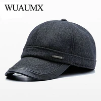 wuaumx brand fashion earflaps cap autumn winter baseball caps for men warm casual fitted ear flaps solid hat casquette homme