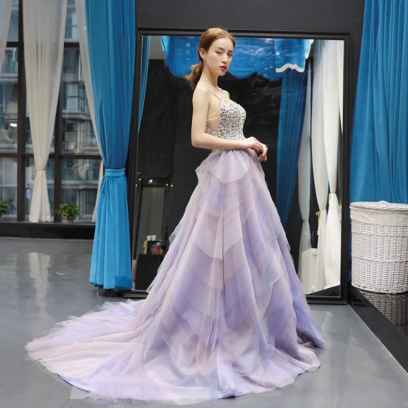 J66718 jancember evening gown colored spaghetti strap lace elegant evening dress with train new design 2019 kleid mit schleppe