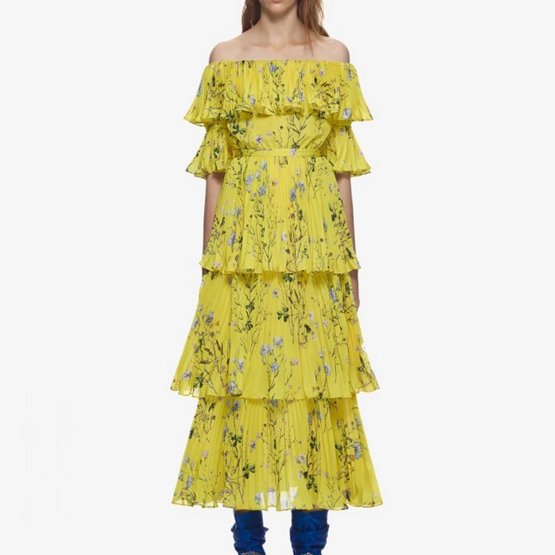 

Bohemian Dress Runway Women Yellow Printed Long Dresses SALE