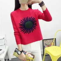 women fashion korean sunflower embroidery sweater femme casual o neck knitted red warm pullovers crop tops 2017 autumn winter