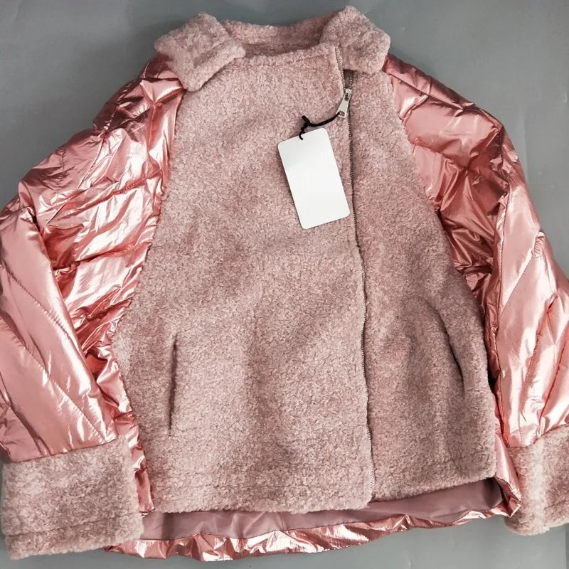 ZURICHOUSE Winter Down Jacket Women's Glossy Cotton Padded Coats Female Loose Short Pink Silver Patchwork Suede Parkas