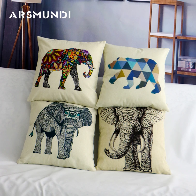 

Cute Cartoon Linen Cushion Cover Elephant Printed Car Seat Christmas Decorations For Home Decorative Pillow Black Bear Animal