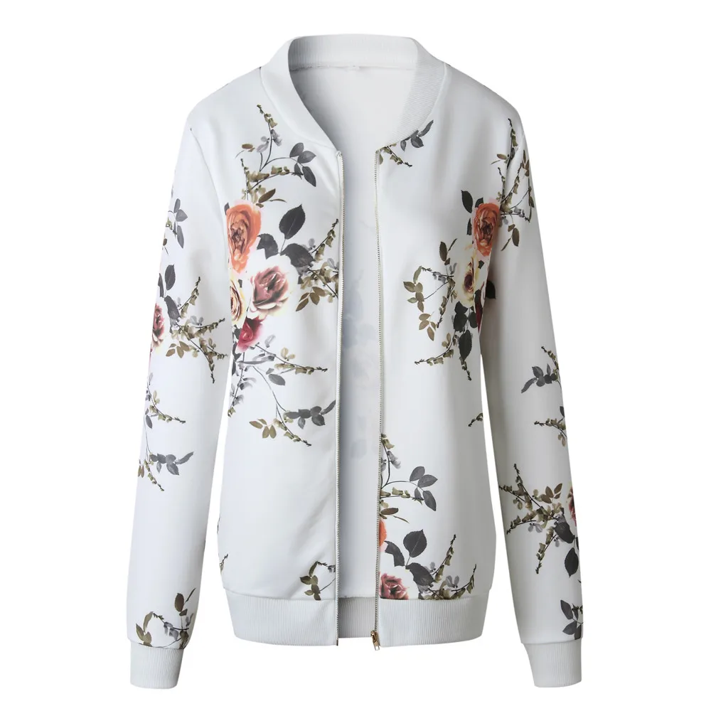 Womens Ladies Retro Floral Zipper Up Bomber Jacket Casual Coat Outwear Oversized Hoodie Vetement Femme 2021 Одежда Для