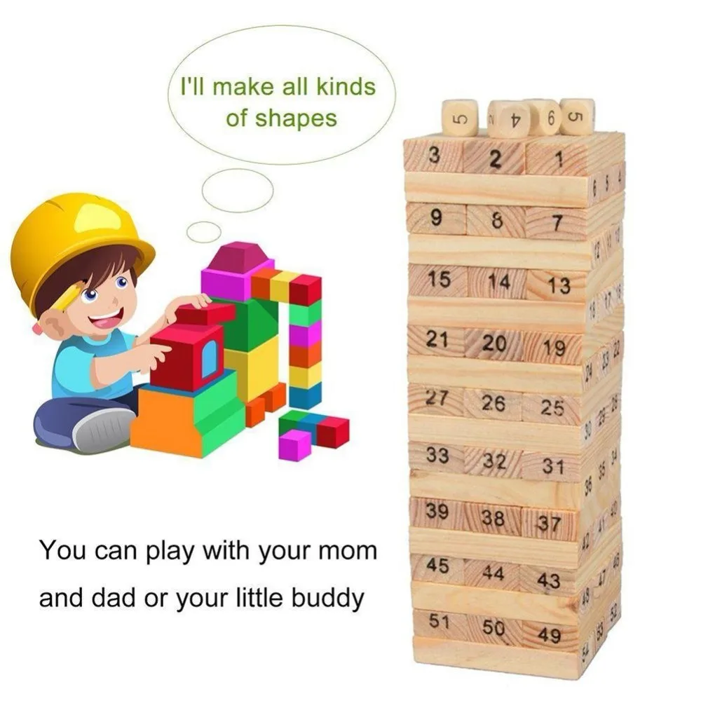 new 54Pcs Wooden Tower Hardwood Building Blocks Toy Domino Stacker Extract Educational Game for Children | Игрушки и хобби