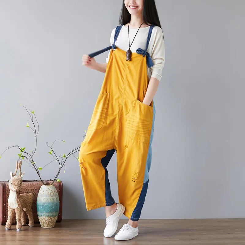 

New washed jeans embroidery print women jumpsuit adjustable sling overalls crash color harem pants sweet elegant hole rompers