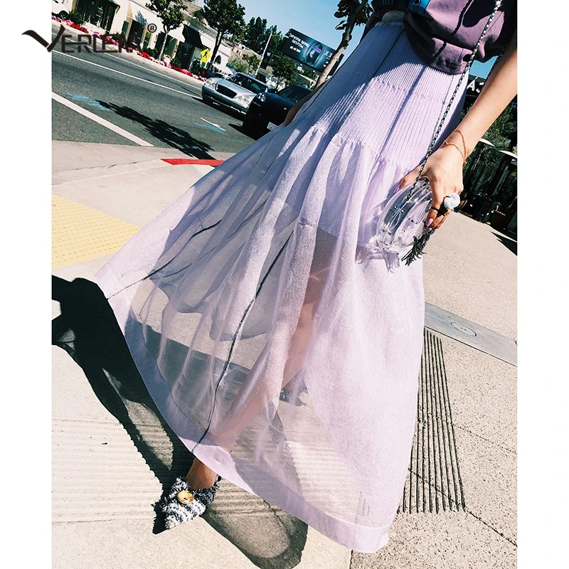 Verlena 2018 Elongate Leg Spring Autumn Long Skirt Women Solid Special Fashion Purple Double Layer Pleated Short Inside Skirts | Женская