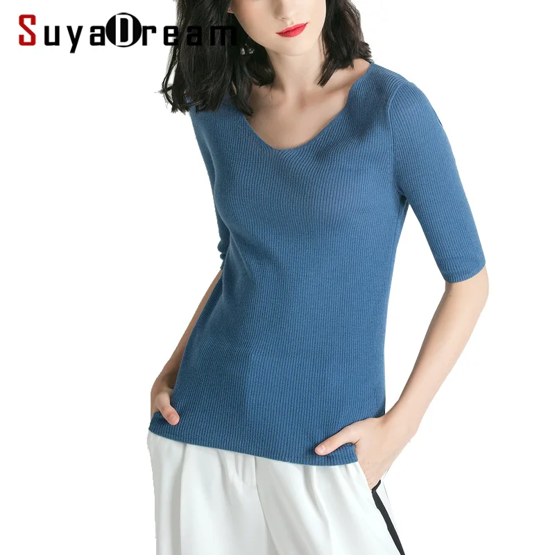 Фото SuyaDream Women Pullovers 100%Merino Wool Knitted V Neck Half Sleeved Sweater 20201 FALL Winter Bottoming Knit Shirt Женская одежда SuyaDream Women Pullovers 100%Merino Wool Knitted V Neck Half Sleeved Sweater 20201 FALL Winter Bottoming Knit Shirt Женская одежда