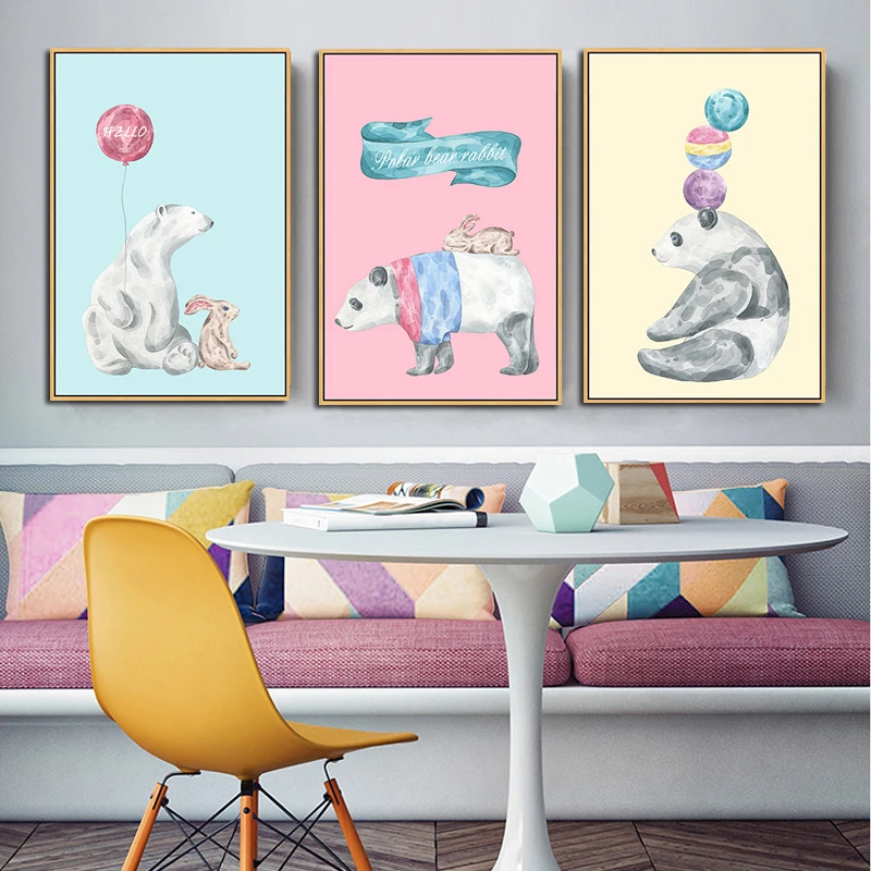 Акварельные животные Панда Кролик постер скандинавский мультфильм шар белый