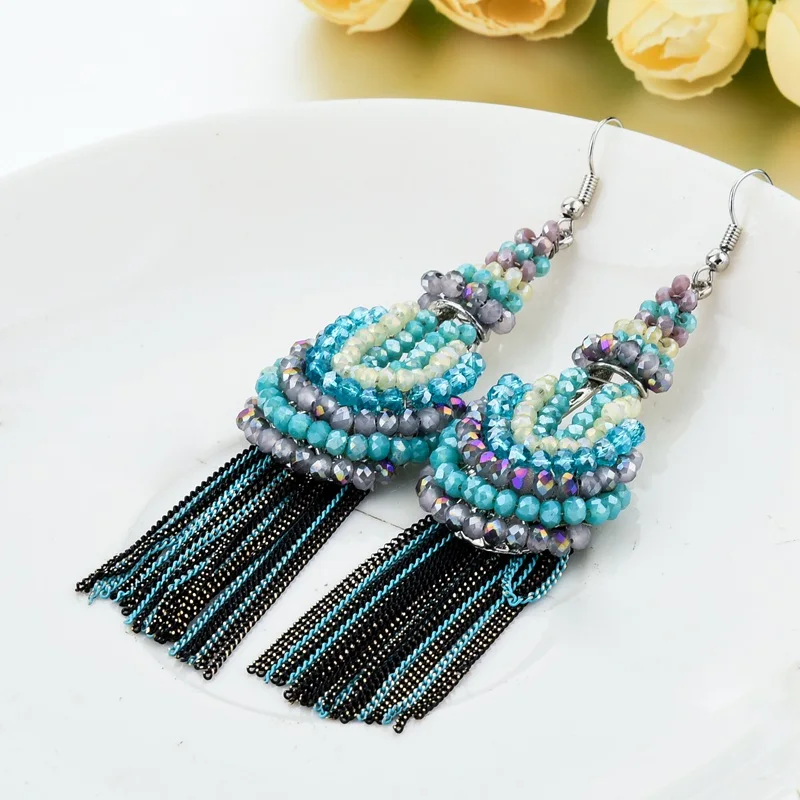 Женские серьги с синими кристаллами LongWay этнические богемные длинные висячие из