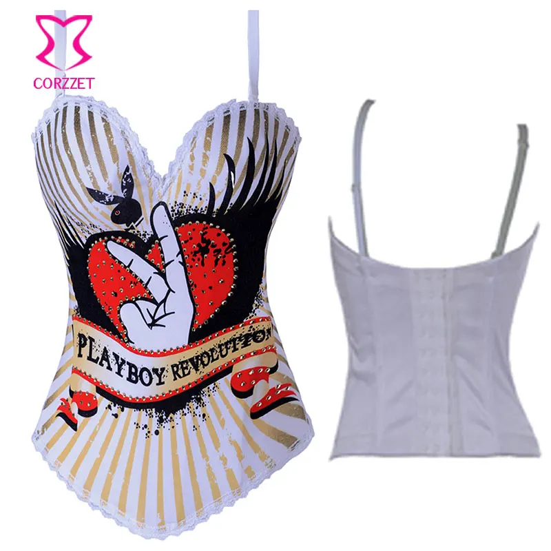 Бюстье с рисунком бурлеска и стразы на бретельках белый Хлопковый готический