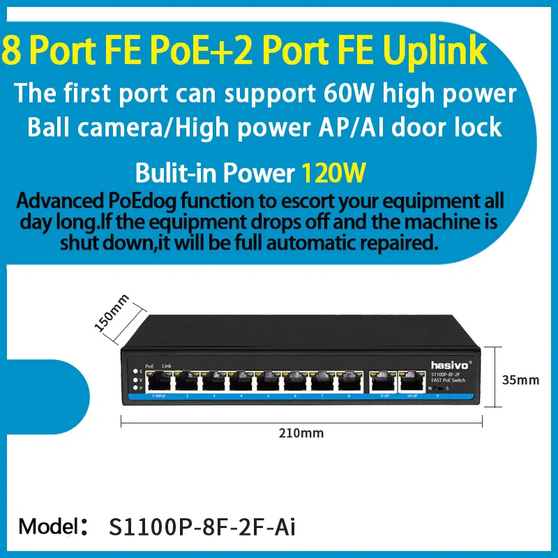 S1100P-8F-2F-Ai Ai переключатель поэ 4 порта 8 портов 16 портов Ethernet коммутатор Поддержка VLAN 250 м для ip-камеры wirless AP - Color: S1100P-8F-2F-Ai