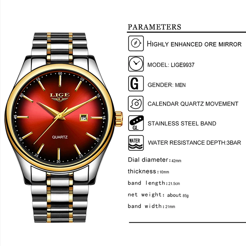 Часы наручные LIGE Мужские кварцевые брендовые Роскошные Простые Стальные
