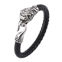 newest men jewelry punk black brown braided leather bracelet stainless steel tiger animal bracelet male leather bangles sp0388