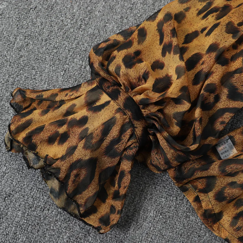 

OXANT Women's Shirt Leopard Print Chiffon Long-sleeved Vertical Collar Shirt with Bubble Sleeves Two Pieces of Suspender Belt
