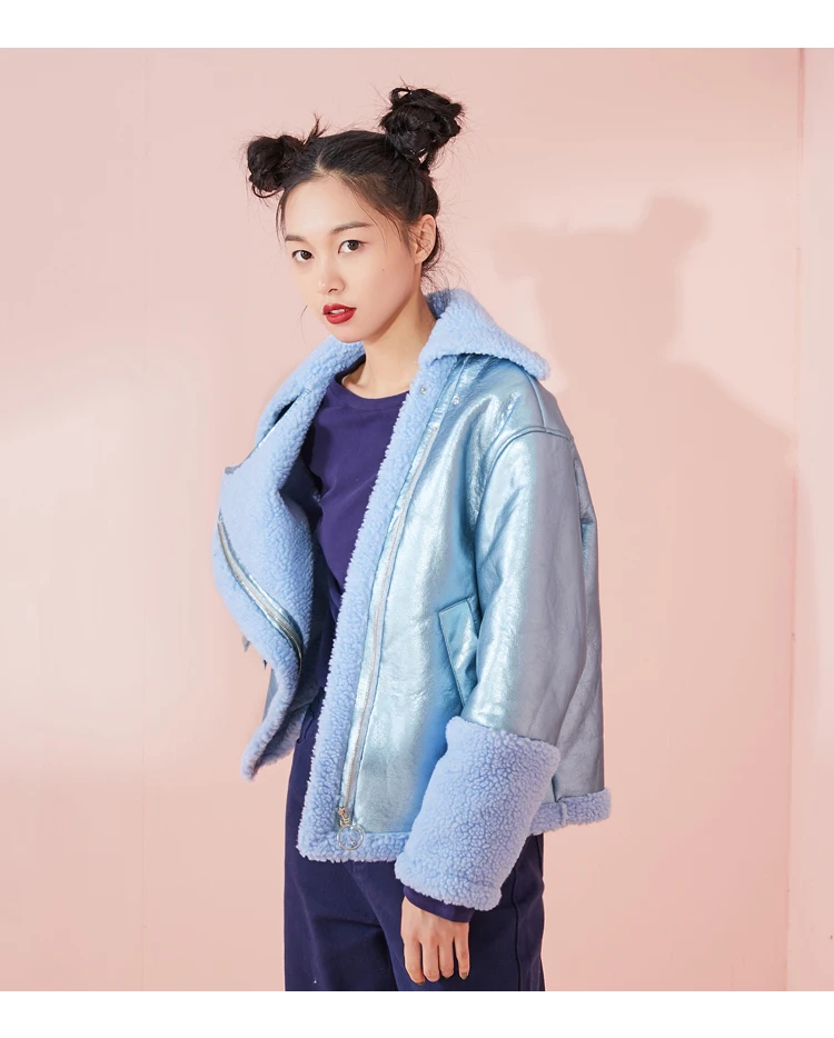 Samstree Moto& Biker Winter Women Short Coat Shiny Fabric Female Jacket Turtleneck Blue Warm Young Lady Coat
