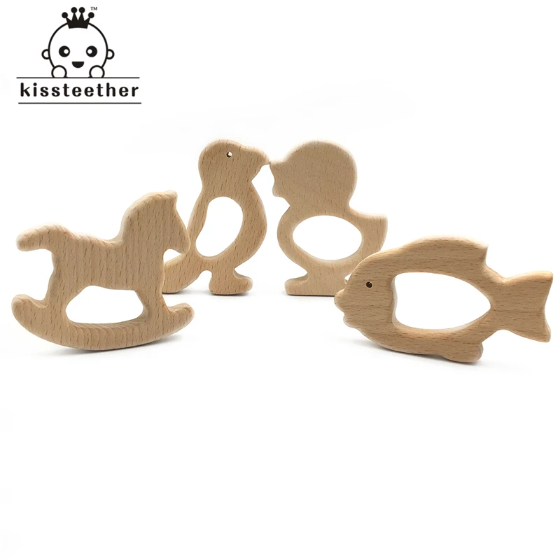 

Beech Wooden Goldfish-Trojan Horse-Duck-Woodpecker Natural Handmade Wooden Teether DIY Wood Personalized Pendent Baby TeetherToy