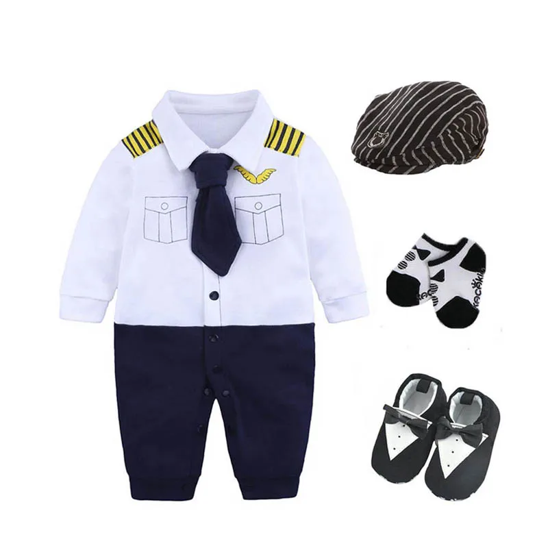 4 pieces set---white Одежда для новорожденных и маленьких мальчиков, вечерние костюмы в подарок на день рождения, боди+ шапка+ носки+ туфли для малышей 0-3, 3-6 месяцев, хлопковый Детский костюм для игр, Костюм Пилота - Цвет: 4 pieces set---white