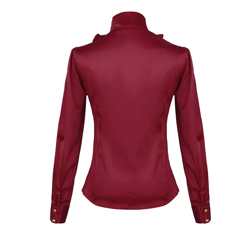 

Korean Style Fashion Women Work Office Shirts Stand Collar Button Gothic Victorian Pirate Cravat Ruffle Faux Satin Top 903-B241