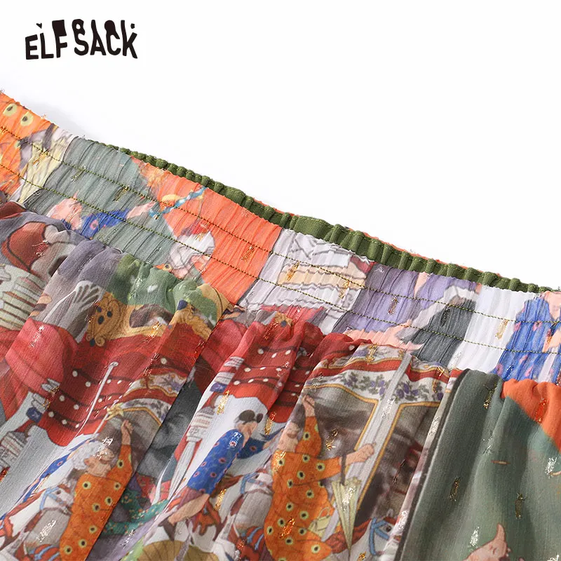 Женские широкие брюки ELFSACK черные повседневные с винтажным принтом и высокой