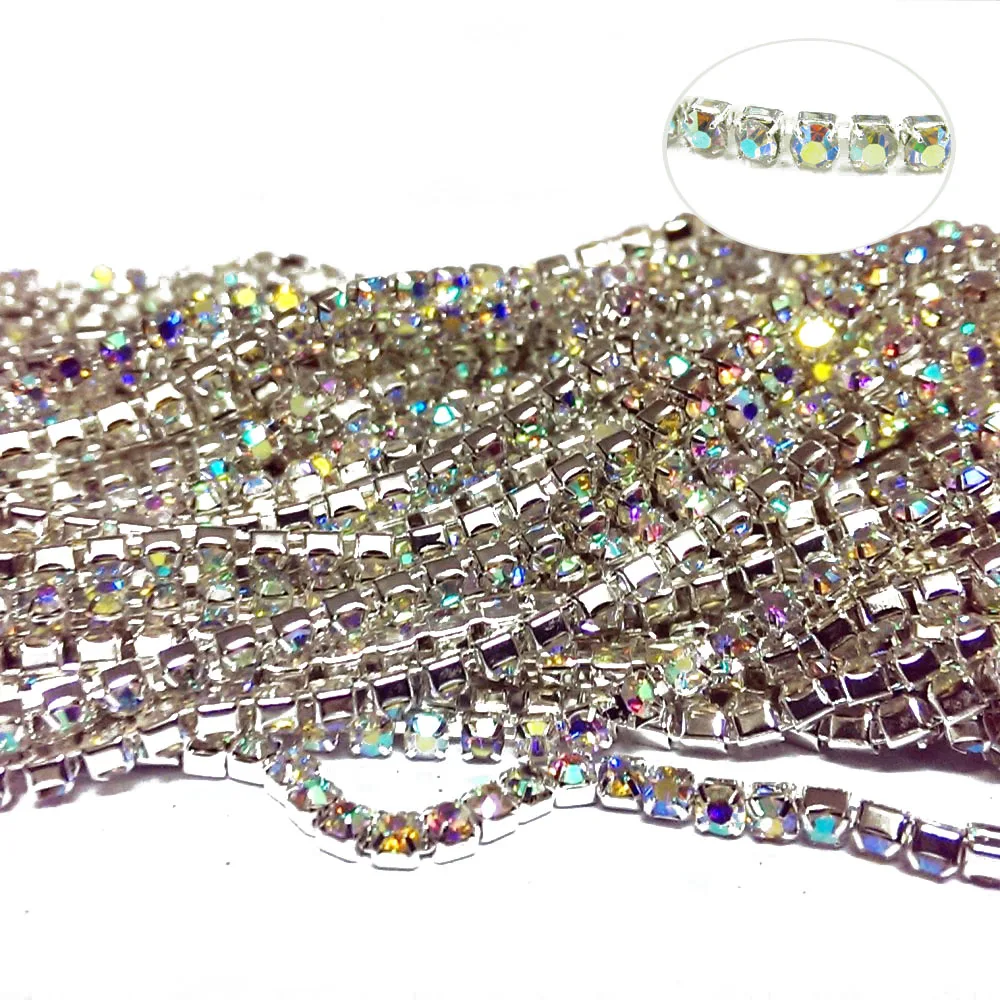 

SS6 SS8 SS10 SS12 SS16 10m AB Crystal Bright Strass Silver Base Densify Claw Sew On Rhinestone Cup Chain For Dress Design