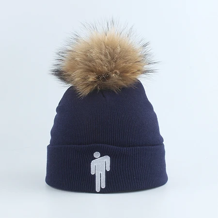 Новая мода Billie Eilish Beanie Hat Женская Мужская зимняя шапка настоящая шапка с меховым помпоном Harajuku Хип-хоп Skullies Beanies - Цвет: Тёмно-синий