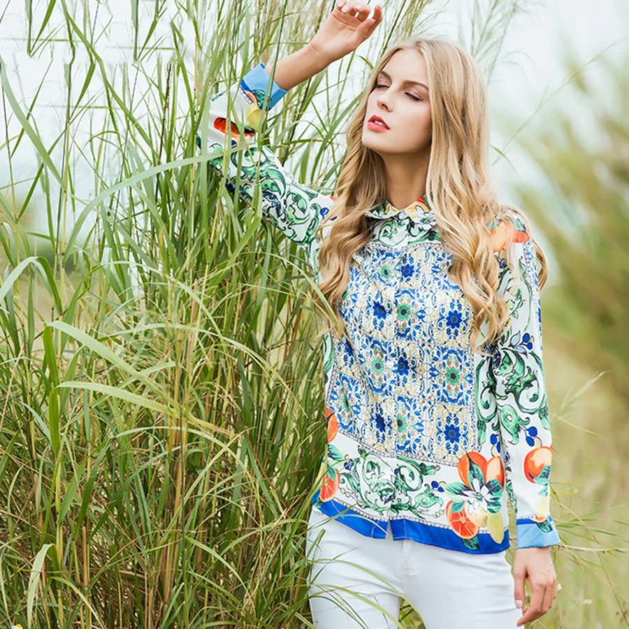 Модные блузки 2021 осень длинный рукав тонкий фарфоровый принт Новинка новая
