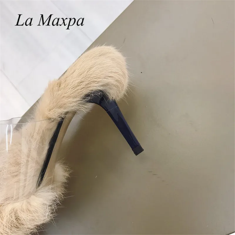 La MaxPa/осенне весенние Шлепанцы из ПВХ с кроличьим мехом флисовая прозрачная обувь