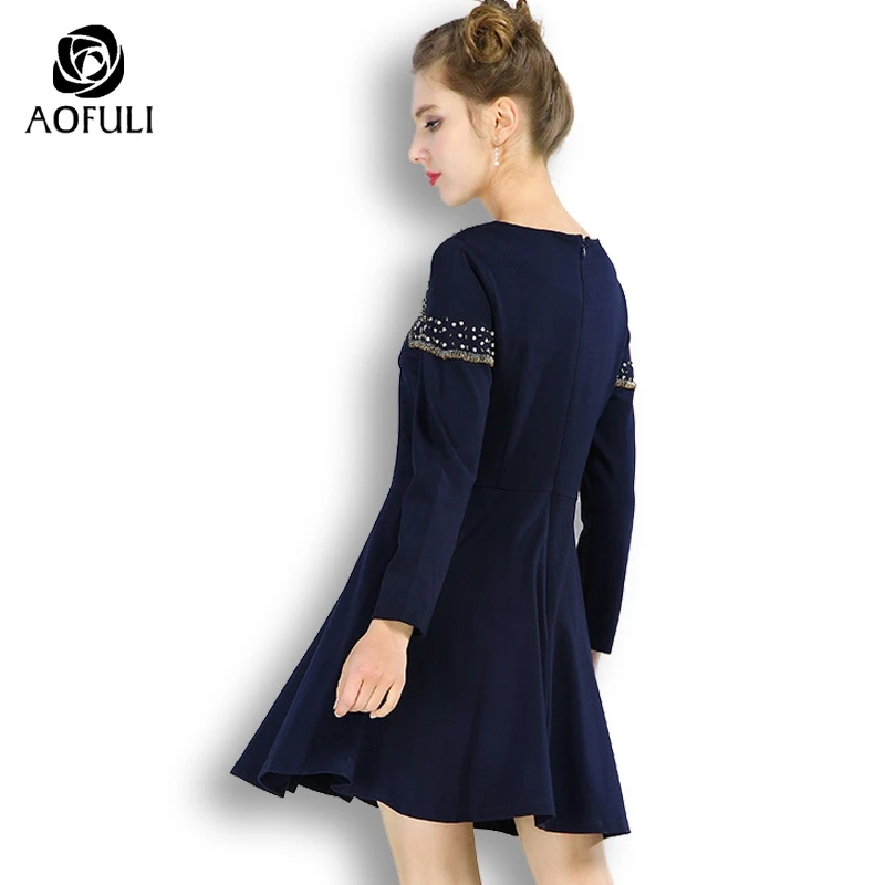 AOFULI S-Xxxl 4xl 5xl весенние платья с длинными рукавами бисером бриллиантовое женское