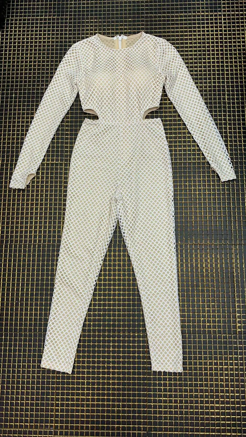 

2019 New Women white Mesh O-Neck long sleeve Bandage Jumpsuit Evening bodycon Celebrity Party Jumpsuit