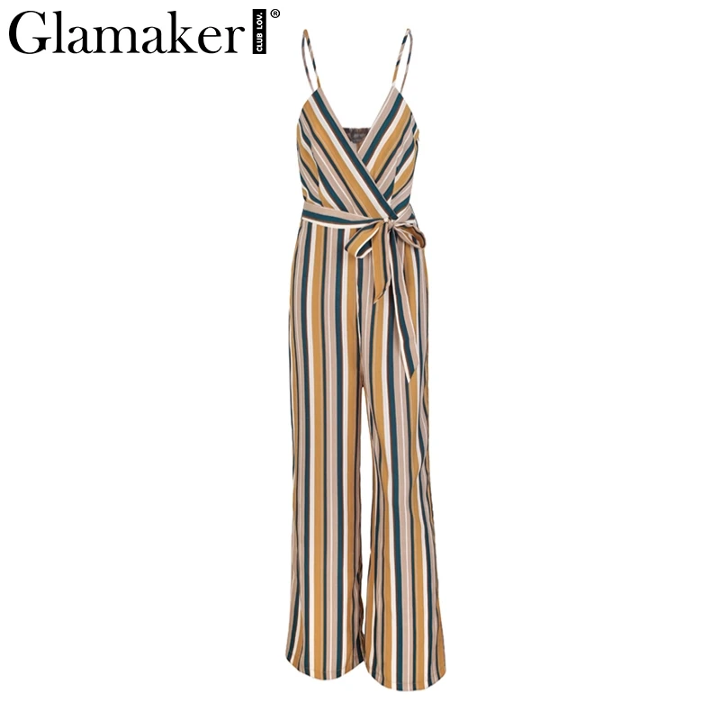 Stripe1 Glamaker Сексуальная multi полосатый сексуальный комбинезон женские свободные wrap высокая Талия Длинные летние комбинезоны, комплекты для игр женский ремень Комбинезоны - Цвет: Stripe1
