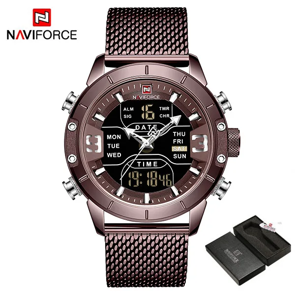 CoffeeBox NAVIFORCE мужские s часы лучший бренд класса люкс для мужчин сетчатый ремешок 30 м водонепроницаемый Miliary двойной дисплей спортивные часы наручные часы серебро - Цвет: CoffeeBox