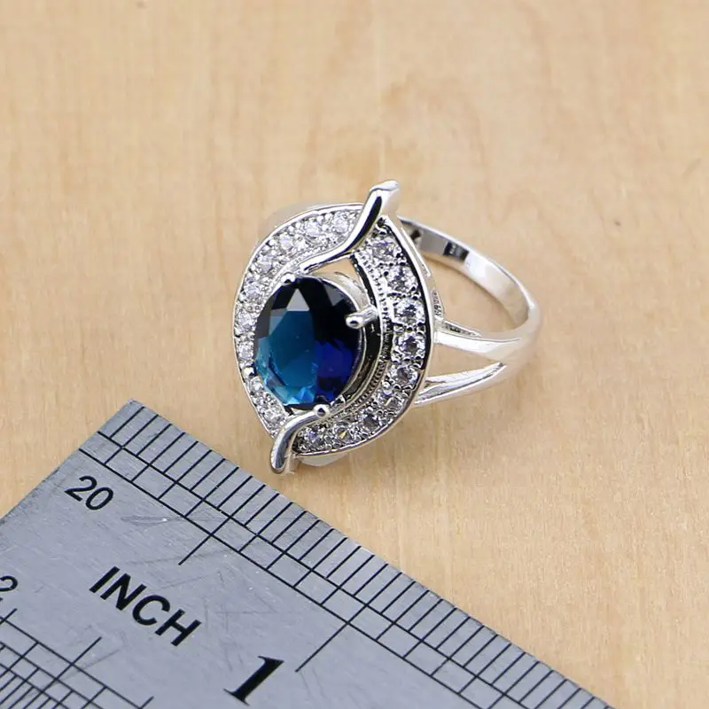 Women 925 Sterling Silver Jewelry Blue Crystal White Zircon Sets Wedding Earrings/Pendant/Necklace/Rings | Украшения и аксессуары