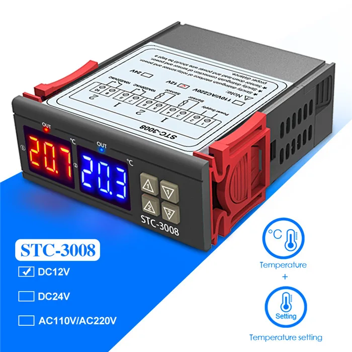 DC 12V 2 Way светодиодный цифровой Температура контроллер термостат 12V 24V 220V двойной зонд Температура датчик Измеритель для вентилятора - Цвет: DC 12V