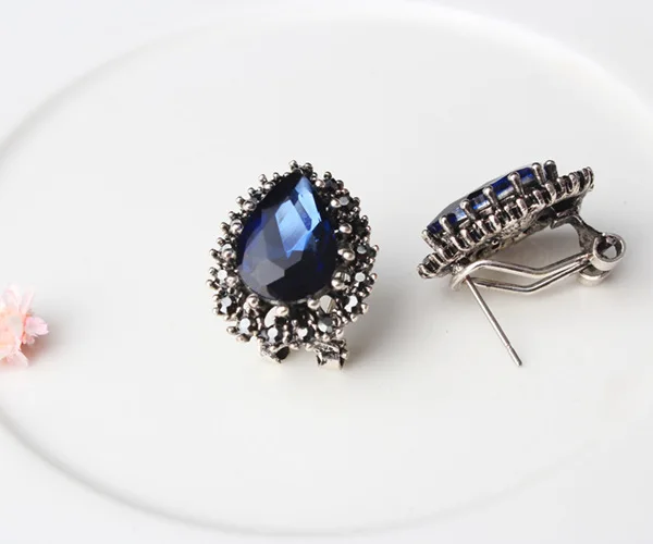 F&ampU Fashion Deluxe Waterdrop Rhinestone Earrings Stud for Women Sweet Wreath Blue And Black Jewelry For Party | Украшения и
