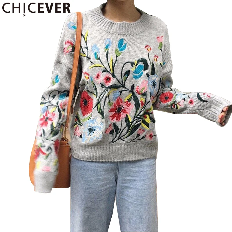 CHICEVER Spring Embroidery Floral Women Sweater Jumper Top Long Sleeve Pullovers O neck Female Sweaters Clothes Fashion Korean Женская
