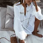 Женское пляжное платье с длинным рукавом, белое свободное платье с отложным воротником и цветочным принтом, лето 2019