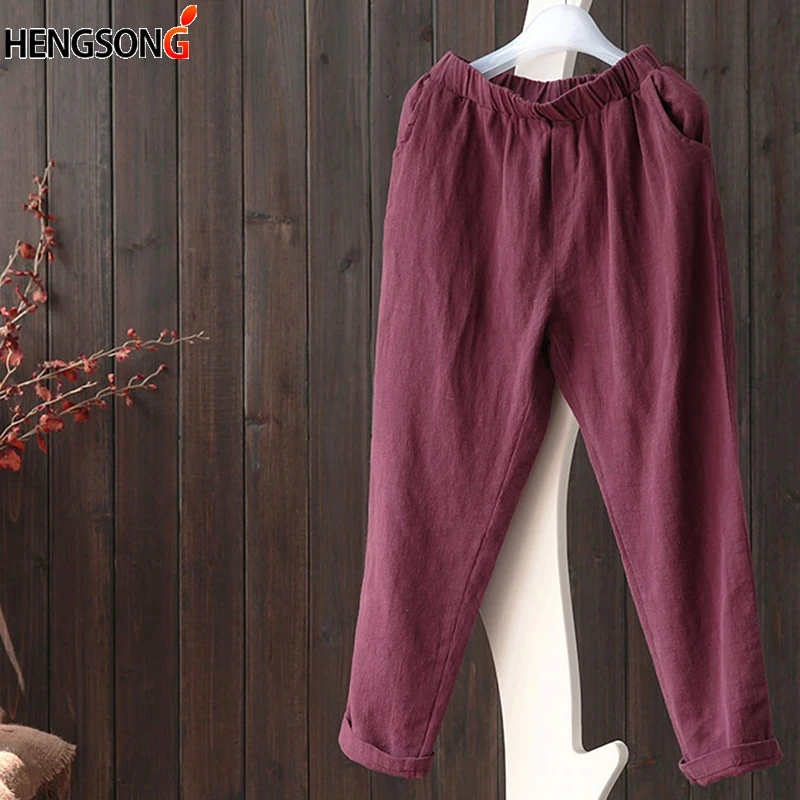 

Women Original Design Vintage Pants Cotton Linen Harem Trousers Elastic Waist Summer Casual Loose Pants
