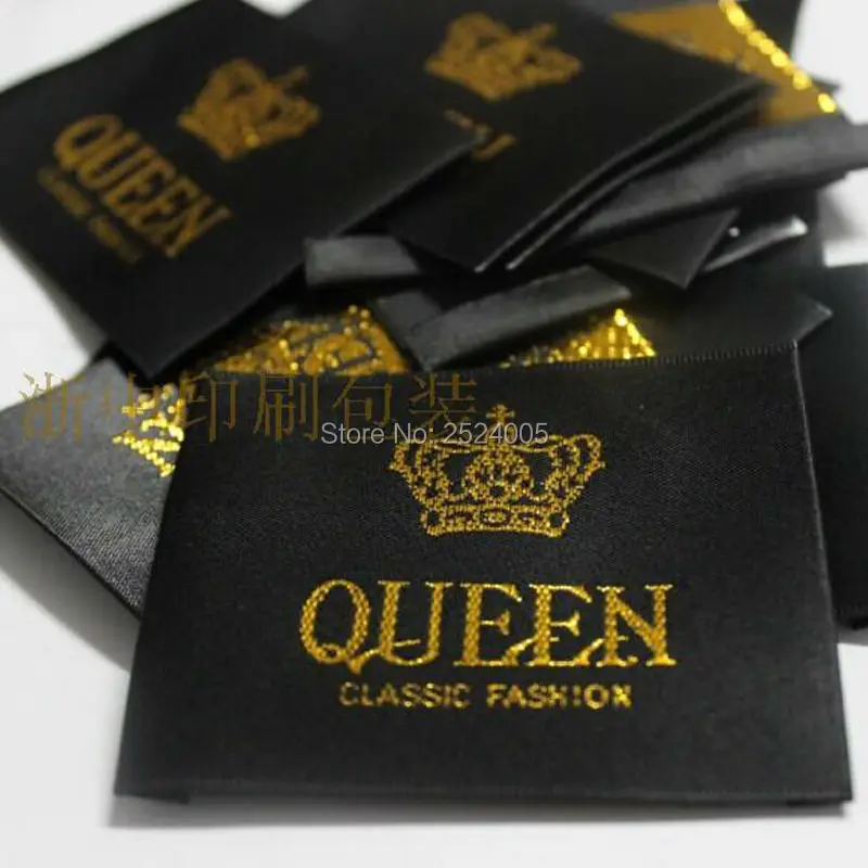 Custom garment black satin woven labels with golden fonts/trademark/clothing embroidered tags/printed labels/brand Free Shipping