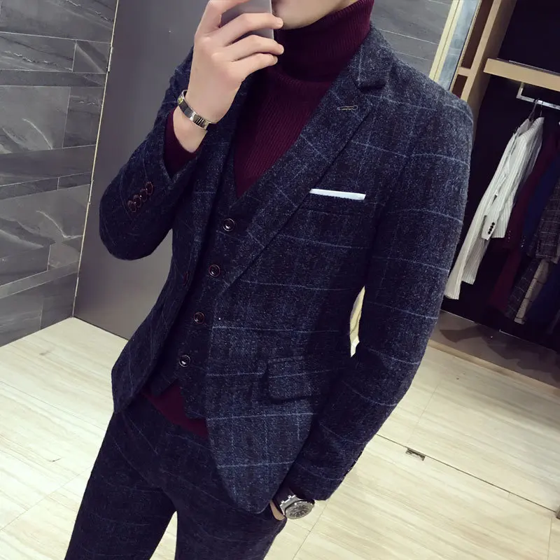 

Man Slim Plaid 3Pcs Set Blazer Traje De Boda Hombre Men Casual Suit (Jackets+Vest+Pants)
