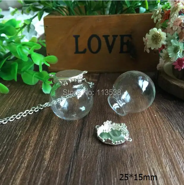 

Free shipping 10sets/lot 25*15mm(opening) glass globe & Silver base set glass dome bubble vial pendant diy glass bottle
