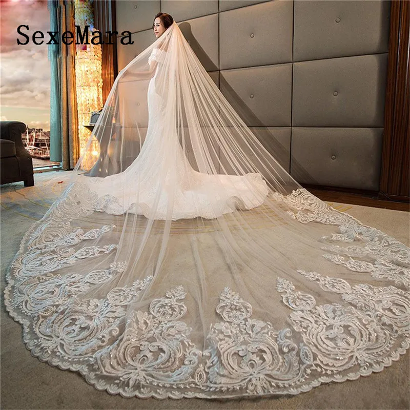 

Romantic Long Bridal Veils Cathedral Length Lace Applique 3M Wedding Veil With Free Comb White Ivory High Quality