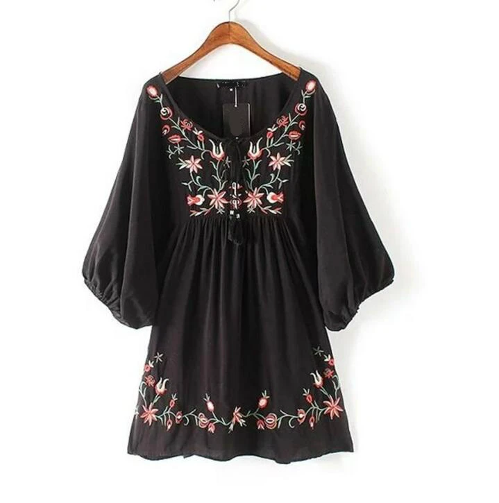JOYINPARTY Hot Sale Free Shipping Vintage 70s Mexican Ethnic Embroidered Boho Hippie Loose Causel Women Chic Mini Dress | Женская одежда