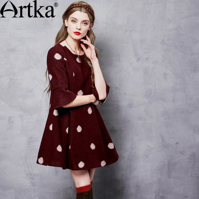 ARTKA Женское зимнее шерстяное платье миди с круглым вырезом и короткими рукавами