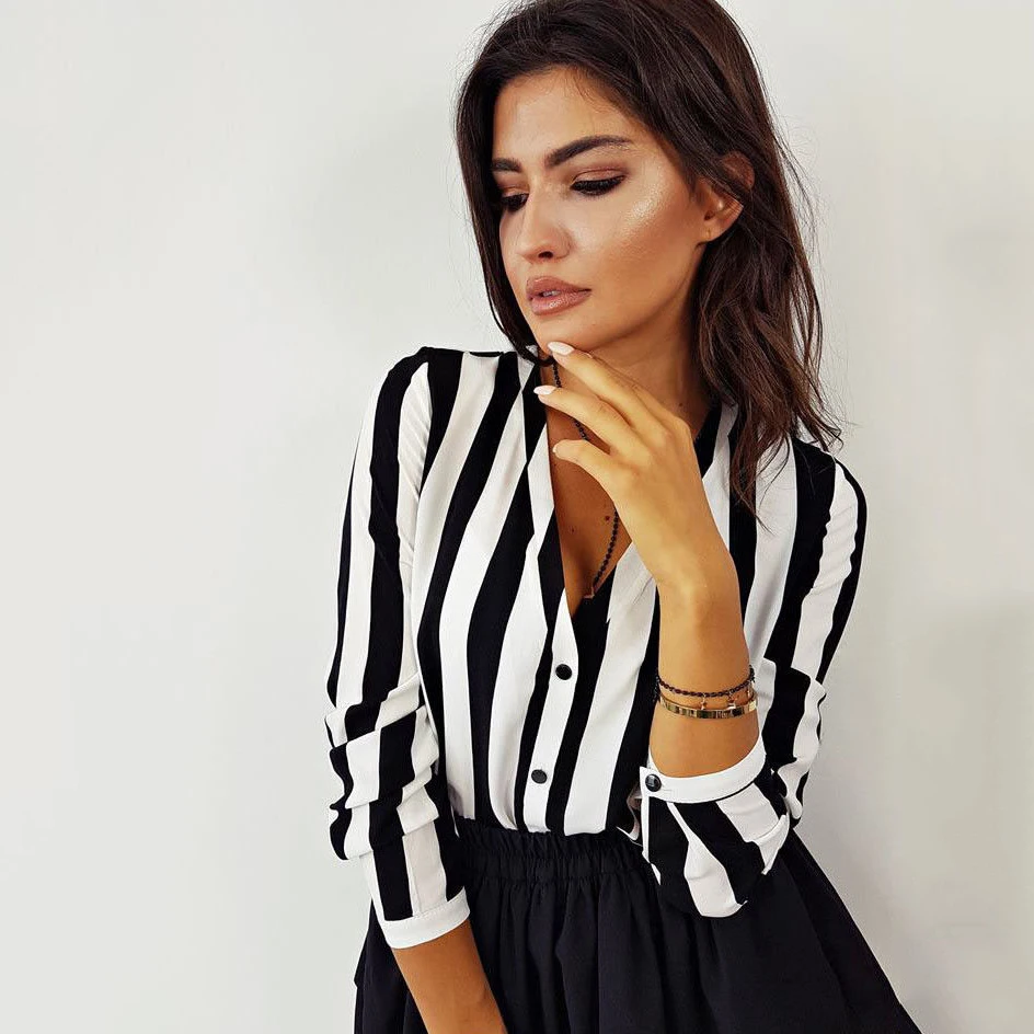 Women Fashion Summer Striped Long Sleeve Blouses V Neck Loose Shirts Casual Blouse Woman's Tops Blusa De Las Mujeres Camisas | Женская