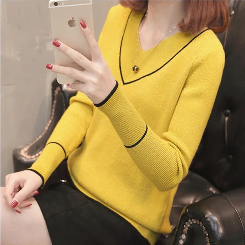 2019 Spring Autumn Women Sweater Pullover Knitted Plus Size Loose V-neck Long-sleeve Ladies Casual Jumper Pull Femme Top R152 | Женская