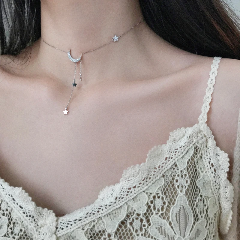 Серебро 925 пробы, звезда, луна, кисточка, ожерелье, Женская Корейская версия, ключица, цепь, простая личность