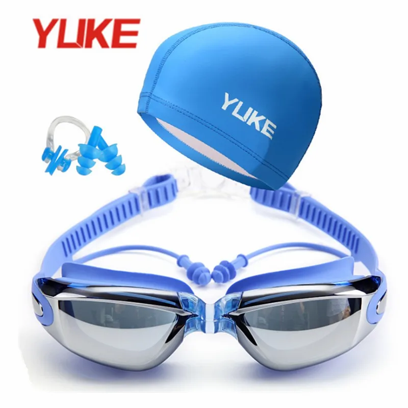 Yuke, очки для плавания, спортивные, противотуманные, УФ-очки, очки для взрослых, для мужчин и женщин, очки для плавания с крышкой, заглушки для ушей, зажим для носа, набор - Цвет: Синий