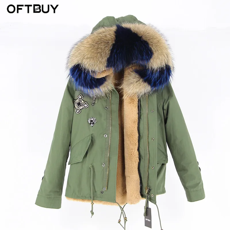 OFTBUY парка с вышивкой бриллиантами цвета хаки, зеленая зимняя куртка, пальто, женские парки, пальто с натуральным мехом енота, воротник теплый - Цвет: 12