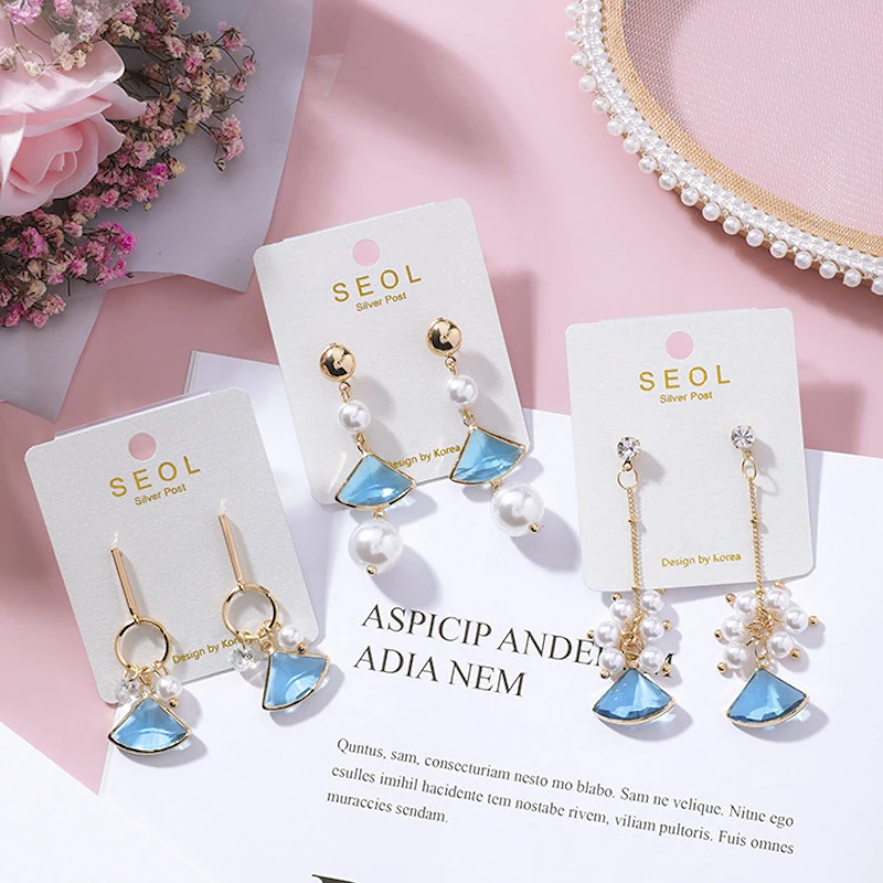 2018 New Korean Temperament Blue Fan Crystal Simulated Pearl Drop Pendientes Mujer Moda Long Earrings For Women Fashion Jewelry | Украшения